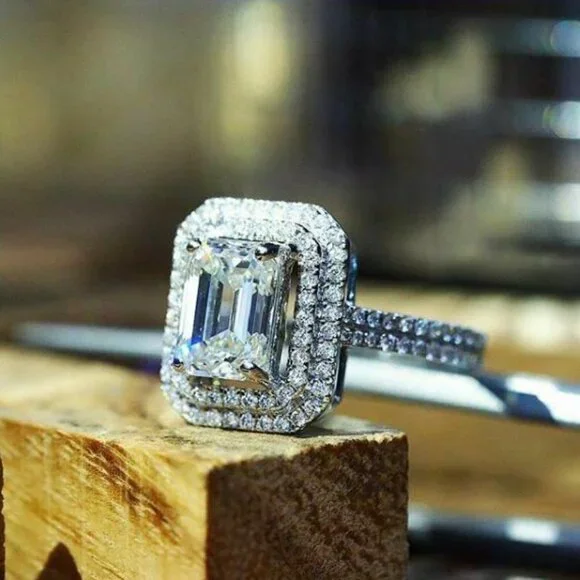 Radiant Cut Zircon Macro Pave Silver Plated Luxury Wedding Ring for Women, L215